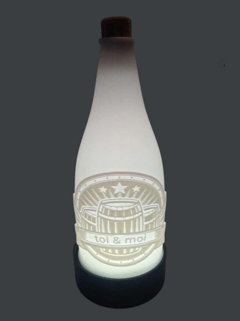 Lampe Bouteille lithophanie "Toi & Moi" allumée