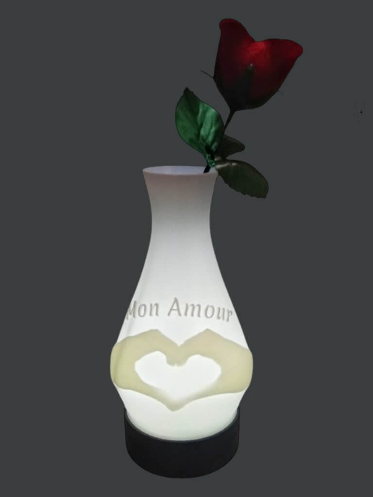 Lampe Vase lithophanie "Mon Amour" et cœur des mains