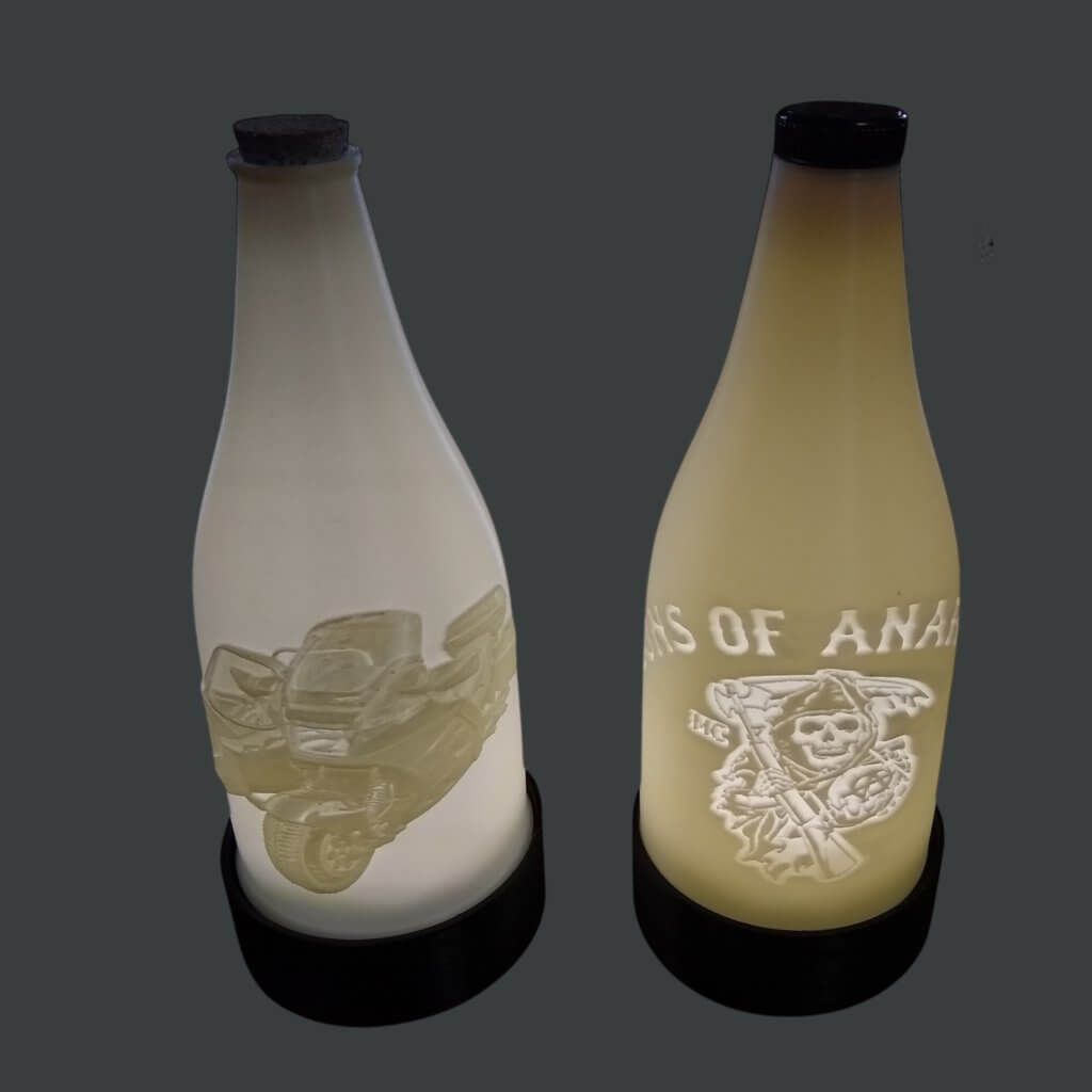 Lampes Bouteilles lithophanie d'une moto et de "Sons of Anarchy"