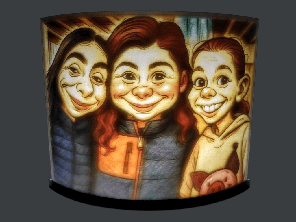 Lampe incurvée 20 cm lithophanie de la caricature de 3 files, image modifiée avec une application.
