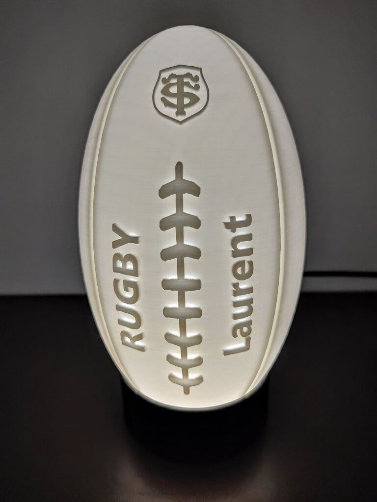 Lampe ballon de rugby lithophanie personnalisée "Rugby & Laurent" + équipe du Stade Toulousain